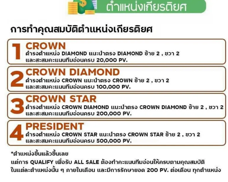 แผนการตลาดทีวันทีน<br />
 ตำแหน่งเกียรติยศ